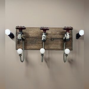 Farmhouse Industrial 3 Water Faux Faucet Wall Hooks Iron-Mounted On Wood Decor